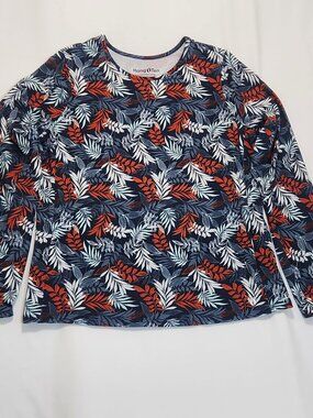 Hang Ten Womens XL Long Sleeve Rashguard Sun Shirt Blue Palm Floral UPF50 Pocket